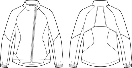 Technical Flat Sketch of Asymmetrical Zip Performance Jacket with Stand Collar Front and Back Views © Nahar999