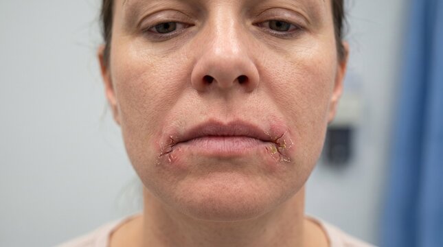 Realistic Medical Image of Bilateral Angular Cheilitis Showing Cracked Mouth Corners