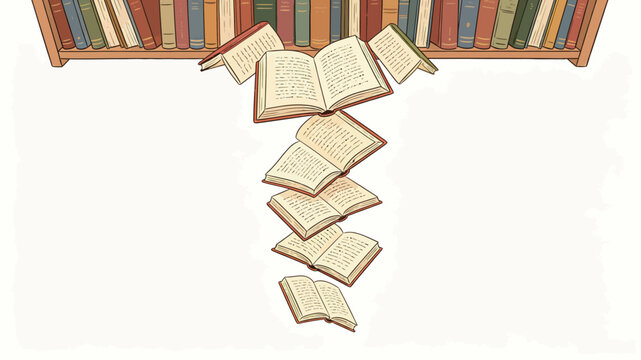 Books falling from shelf like rain, educational library illustration with colorful spines and open