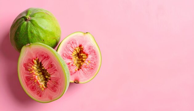 Guava fruit on pink background cut open.