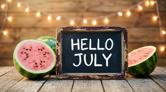 Chalkboard Sign with Hello July Text Surrounded by Sliced Watermelons on Wooden Table with String Lights