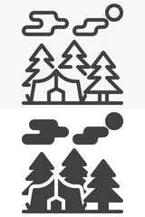 Fototapeta premium Camp tent forest icon set in line, outline and solid styles. Tent among pine trees under clouds icon, editable stroke vector sign and symbol.