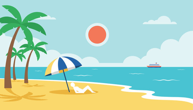 Peaceful tropical beach scene with a sunbathing person under an umbrella, palm trees, and a distant cruise ship.