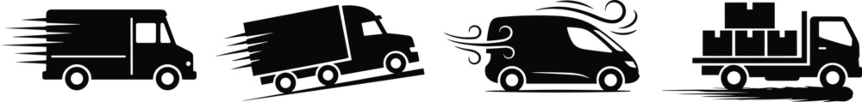 Fast express delivery trucks and speed transport vans black silhouette glyph icon set for emergency logistics shipping service vector