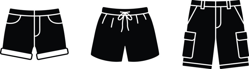 Men and women summer casual shorts denim cargo and swimming trunks black glyph icon set for fashion retail clothing website vector © nice