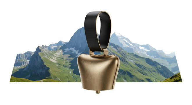 A cowbell hangs from a black strap against a scenic mountain landscape.