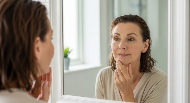 Smiling mature woman touching her face during a morning skin care routine in a bright bathroom mirror reflection.