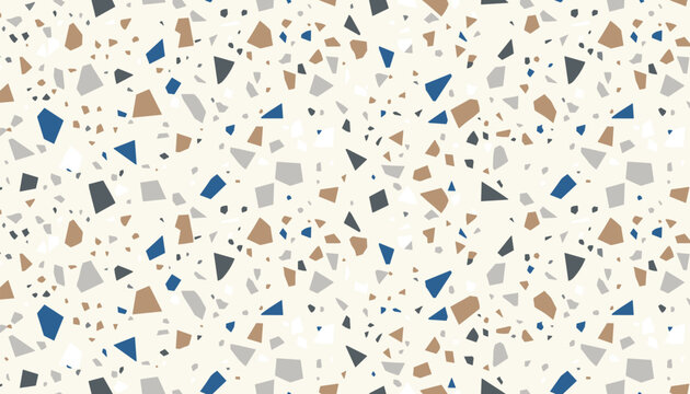Elegant seamless terrazzo pattern featuring geometric stone chips in blue, grey, and brown on a beige background.