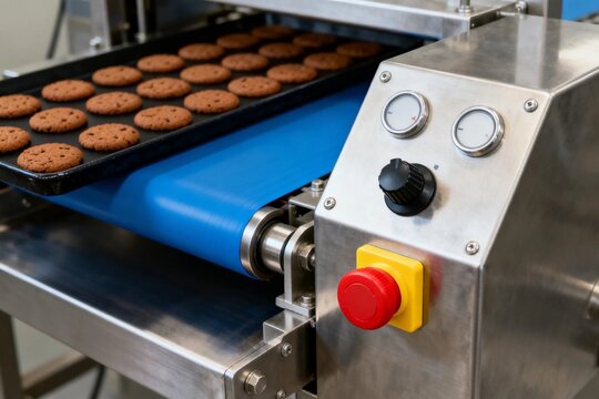 Cookies on Conveyor Belt in Food Factory