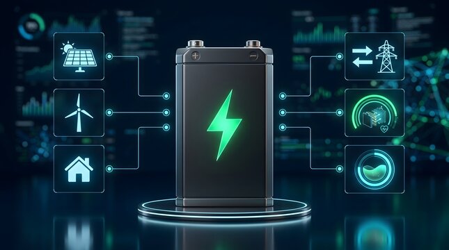 Battery energy storage system with renewable power icons and smart grid connection