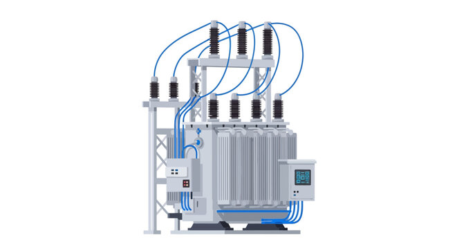 High Voltage Power Transformer Vector Illustration for Electrical Substation and Industrial Energy Distribution