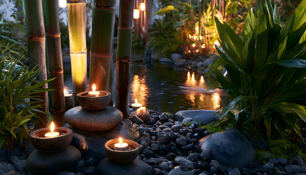 A tranquil garden setting featuring stacked stone bowls containing candles. Tall bamboo stalks emit a warm glow near a peaceful pond at night. Lush green plants and dark pebbles contribute to a serene