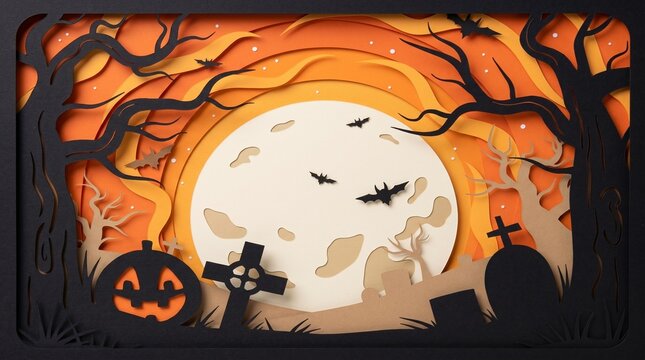 Halloween paper art cut style background banner