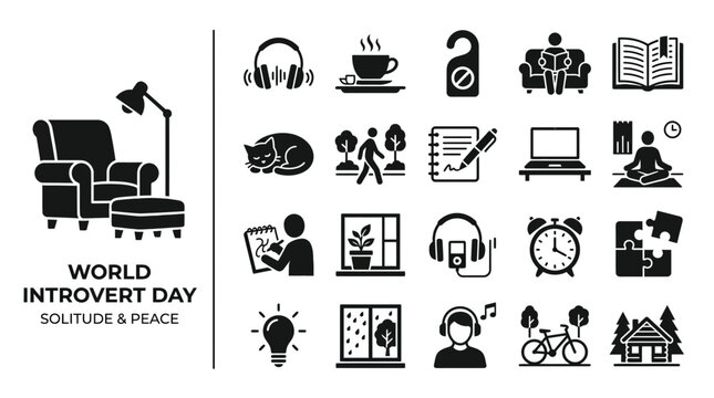 World Introvert Day Solitude and Peace Icons Set