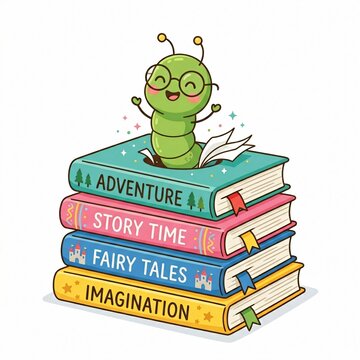 A cute cartoon caterpillar sitting on top of a stack of colorful books