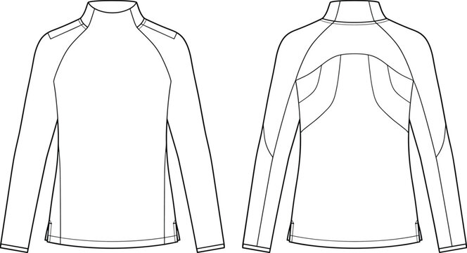 Technical Flat Sketch of Long Sleeve Performance Mock Neck Top Front and Back Apparel Template