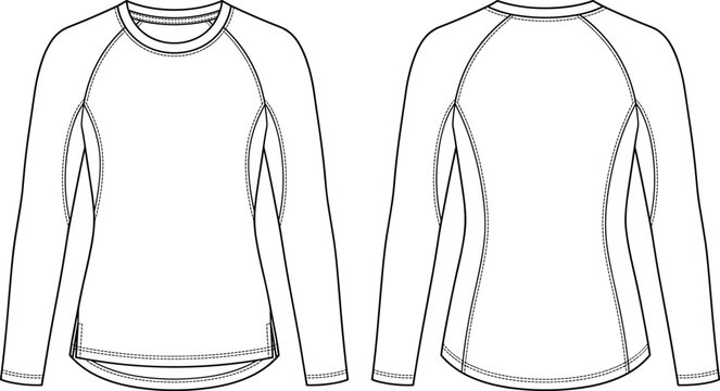 Technical Flat Sketch of Long Sleeve Raglan Performance T Shirt Front and Back Apparel Template