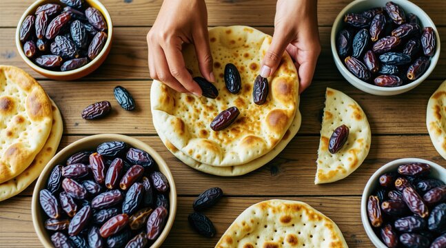 Person places dark dried dates on round flatbread crusts. Bowls of sweet fruit sit on brown wooden table surface. Top view shows hands preparing traditional meal during ramadan. Cultural snacks offer