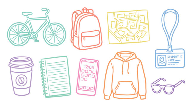 Diverse vibrant hand-drawn outline illustrations showcasing essential items for modern student life, education, and urban exploration activities.