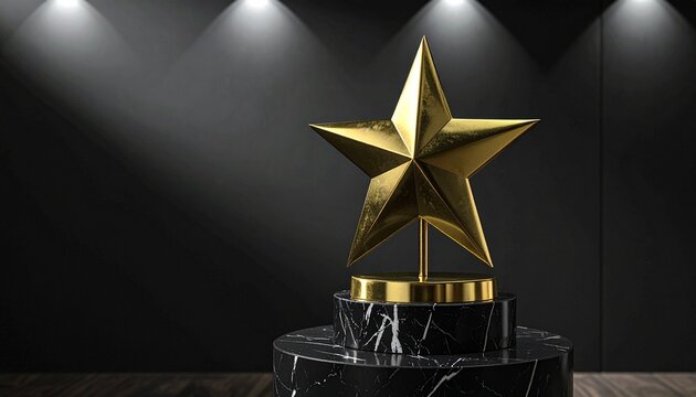 Golden star trophy on black marble pedestal with dramatic lighting