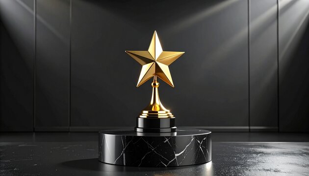 Golden star trophy on black marble pedestal with dramatic lighting