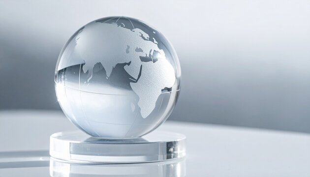 Glass globe on reflective surface showing continents in soft light