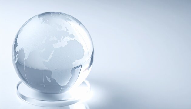 Glass globe on reflective surface showing continents in soft light