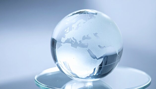 Glass globe on reflective surface showing continents in soft light
