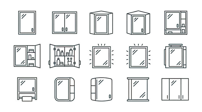 Collection of bathroom cabinet and mirror icons for interior design and storage solutions