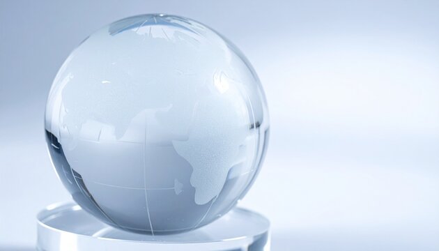 Glass globe on reflective surface showing continents in soft light