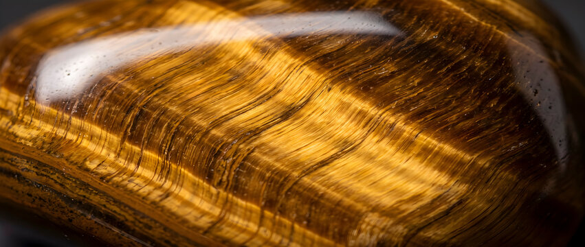 Close-up of polished tiger's eye gemstone, showcasing distinct golden-brown fibrous bands and a subtle sheen, an exotic natural texture backgrounds, jewelry and bold abstract