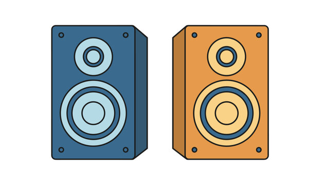 Pair of modern bookshelf audio speakers shown in blue and orange colors against a plain white background.