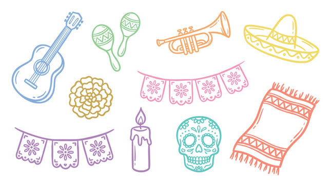 Brightly colored hand-drawn Mexican cultural icons such as a guitar, maracas, sombrero, and sugar skull are arranged in a festive pattern.