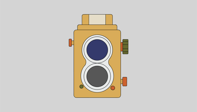 Classic retro yellow twin-lens reflex camera drawing featuring two round lenses on a light grey background.