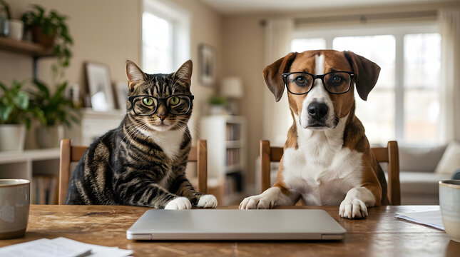 Brown Tabby Cat and Brown Dog Wearing Glasses Sitting at Wooden Desk with Laptop in Bright Home Office with Natural Light