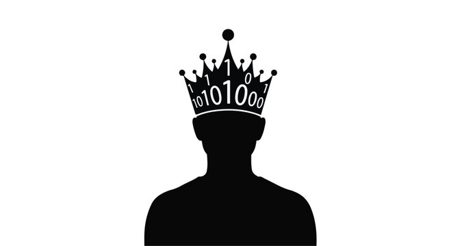Person silhouette wears a digital crown filled with binary code to symbolize leadership in the information technology sector.