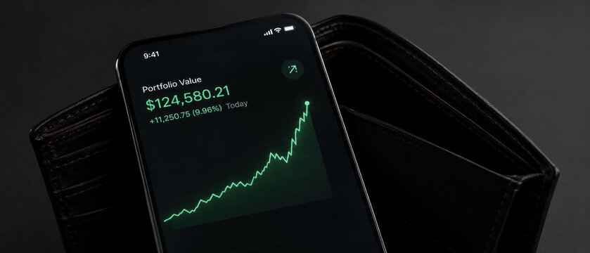 Fintech disruption is reshaping banking with innovative mobile portfolio management showing growth and financial success on smartphone screen