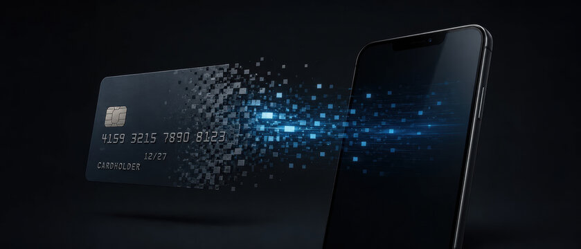 Digital fintech disruption in banking shows credit card transforming into data pixels connecting to smartphone for seamless mobile payment