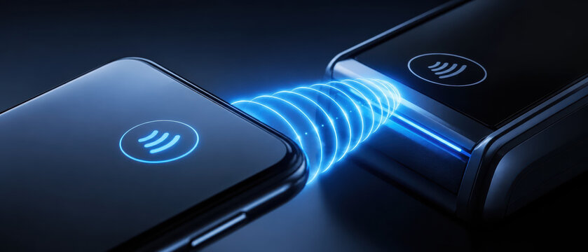 Contactless payment fintech disruption banking technology with smartphone and terminal exchanging wireless data for secure transaction