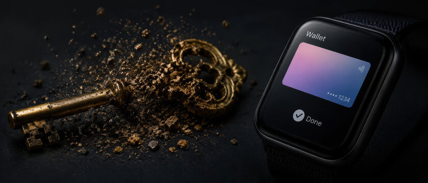 Digital fintech disruption in banking shown by smartwatch wallet and dissolving vintage key symbolizing security change
