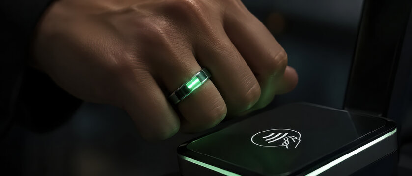 Smart ring with glowing light used for contactless payment fintech disruption in banking technology innovation