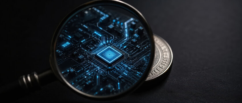 Fintech disruption banking is highlighted by close up technology and digital circuit board magnifying glass showing innovation and progress