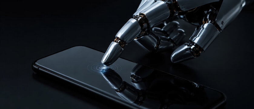 Robotic finger touching smartphone screen symbolizes fintech disruption transforming banking with advanced technology and innovation digital