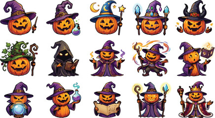 Fototapeta premium Cute Halloween Pumpkin Wizard Character Clipart Bundle with Magic Potion Spellbook and Staff Vector Set