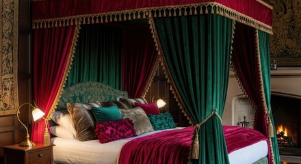 Obraz premium Sumptuous Canopy Bed with Rich Velvet Drapes and Ornate Pillows