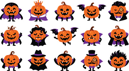Fototapeta premium Cute Halloween Pumpkin Vampire Character Collection Set with Funny Expressions, Bat Wings and Witch Costume, Cartoon Vector Illustration Isolated on White Background