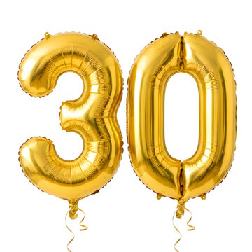 Golden 30 balloons isolated on transparent background