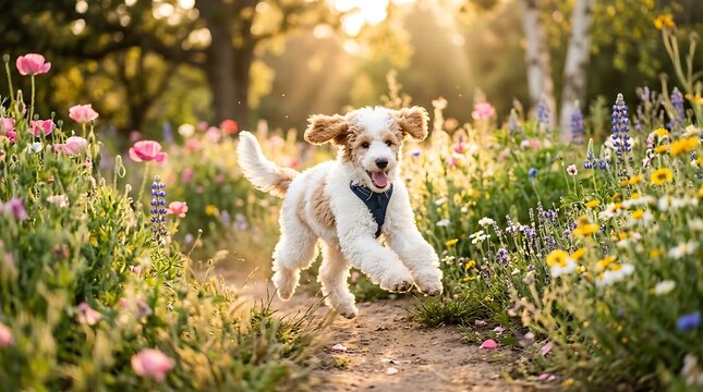 Happy fluffy pet dog running through colorful wildflower garden on sunny summer day