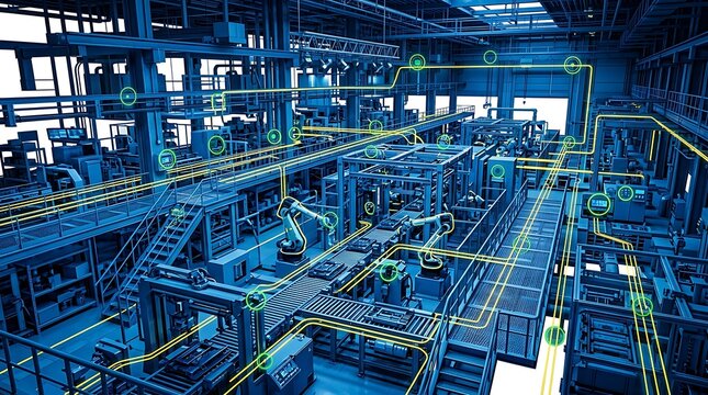 Modern industrial factory interior with advanced machinery and blue lighting