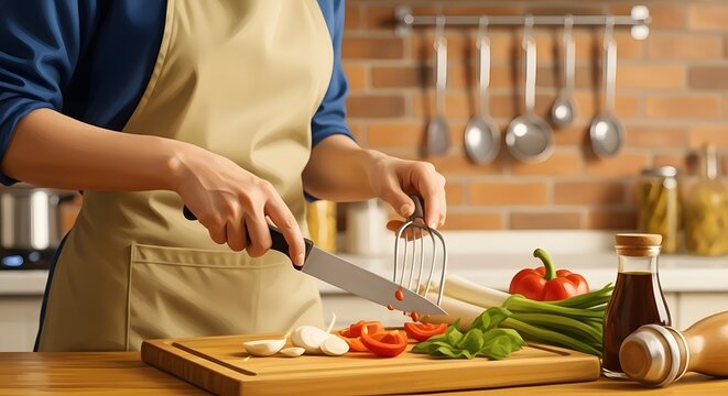 Person in an Apron Skillfully Chopping Fresh Organic Vegetables on a Wooden Cutting Board in a Modern Home Kitchen Setting